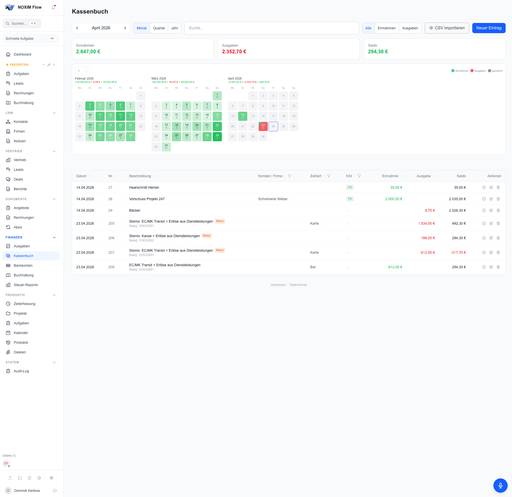 Kassenbuch mit Kalender-Heatmap und Monatsabschluss in NOXIM Flow
