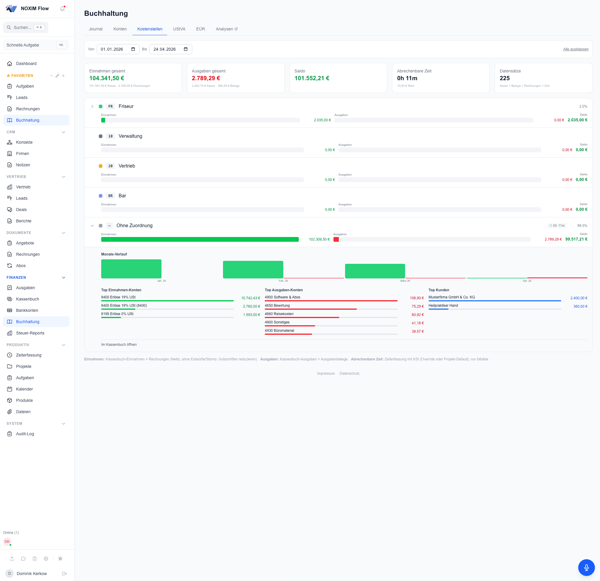 Kostenstellen-Report mit Hierarchie und Monats-Timeline in NOXIM Flow
