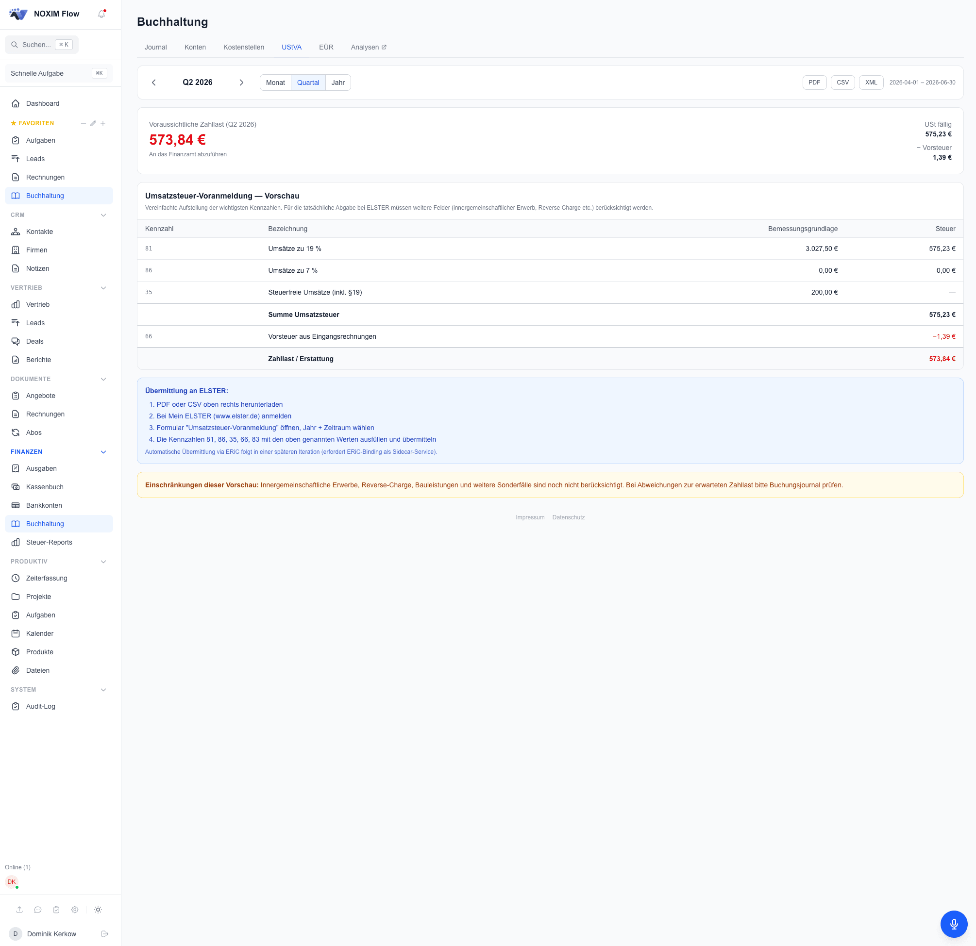 UStVA- und EÜR-Vorschau mit Export in NOXIM Flow