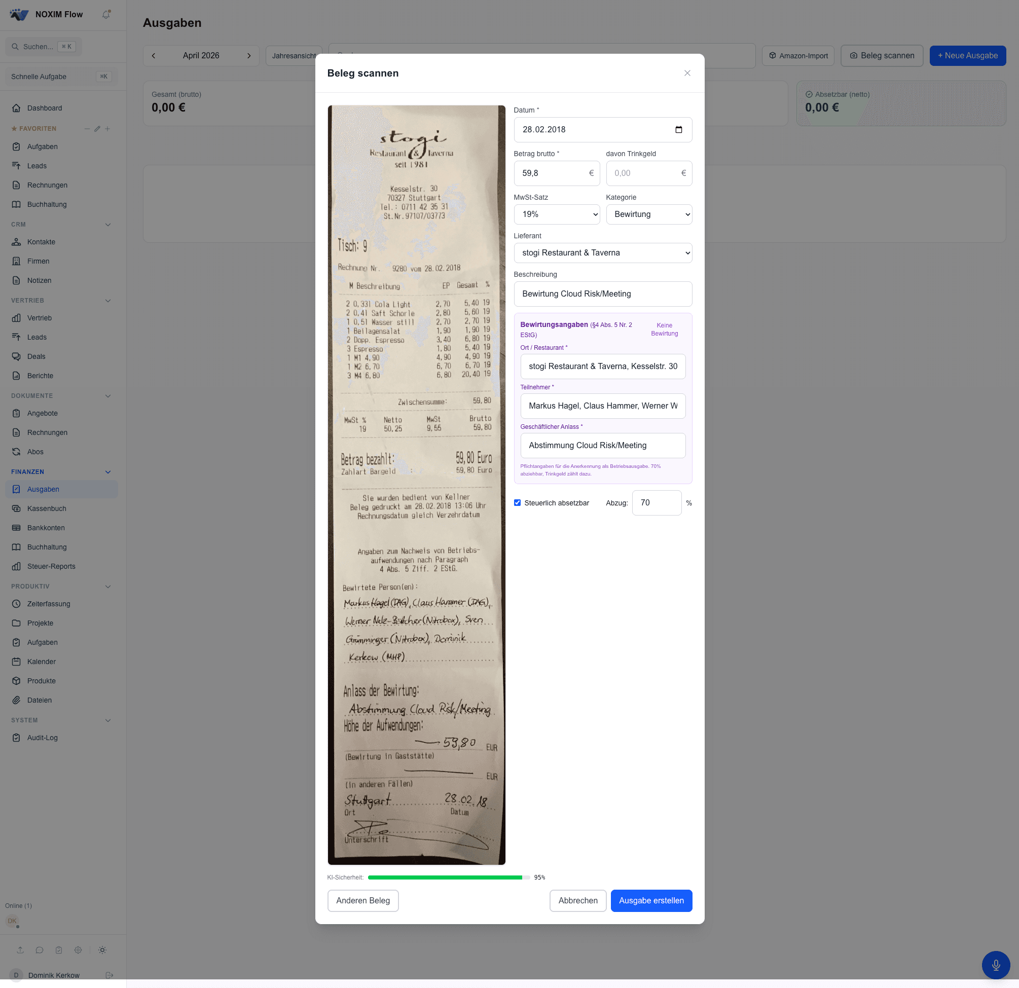 Beleg-Scanner mit KI-Analyse in NOXIM Flow